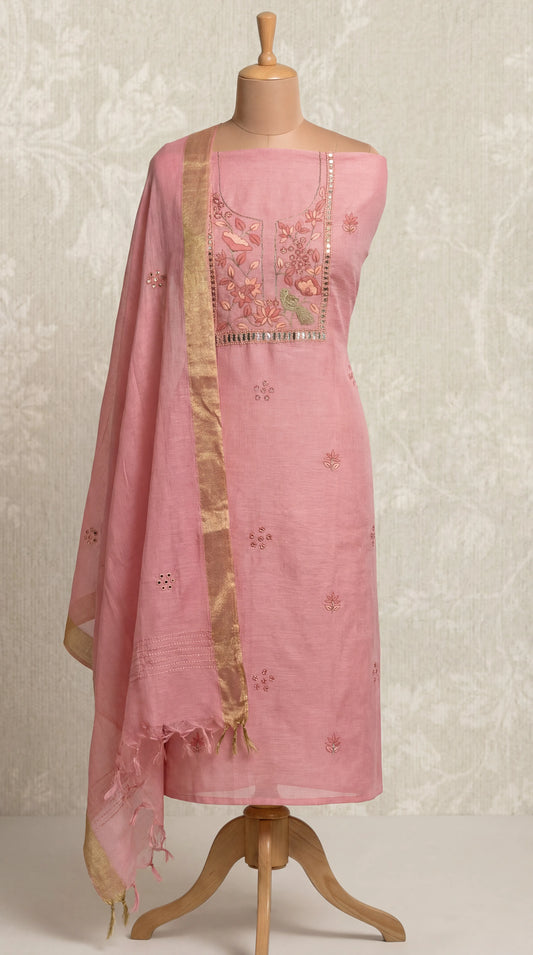 Blush Pink Resham Embroidery Linen  Unstitched Suit Set