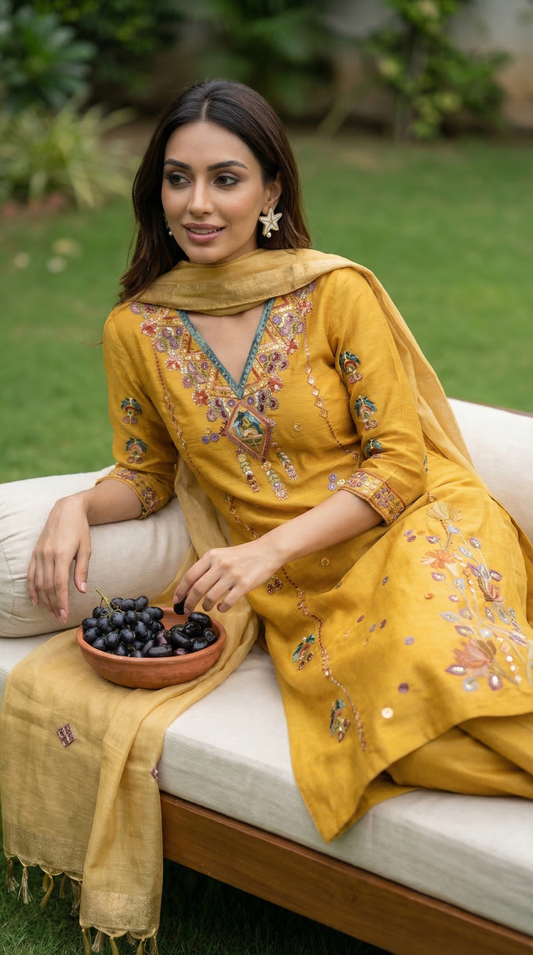 Mustard Resham Embroidery Linen Suit Set