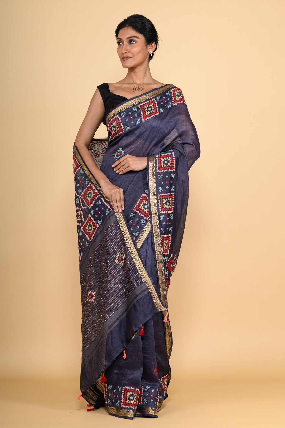 Pure Linen Deep Blue Saree Highlighted with Tikki & Thread Work