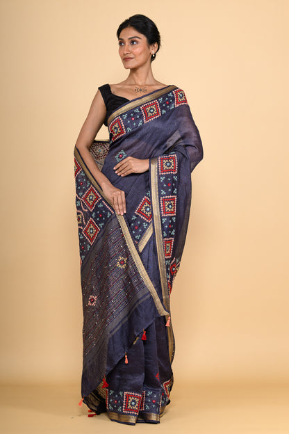 Pure Linen Deep Blue Saree Highlighted with Tikki & Thread Work