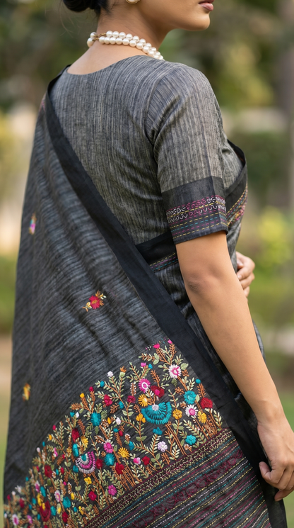 Charcoal Grey Linen Saree
