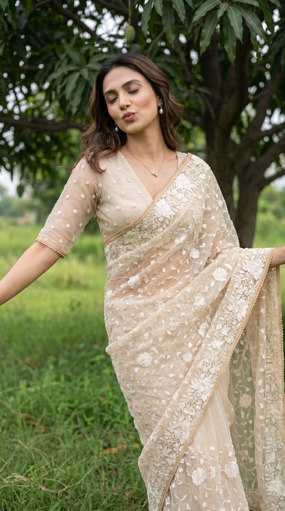 Beige Organza Saree