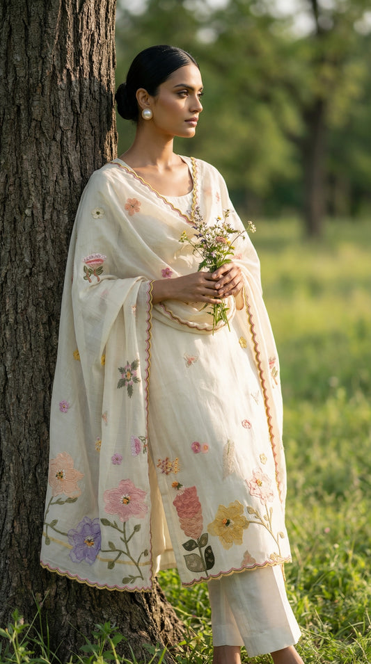Ivory 3D Applique Mul mul Stitched Suit Set