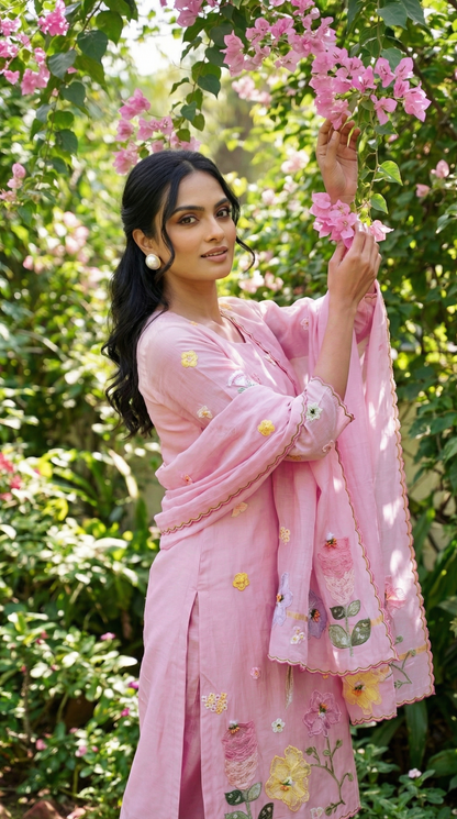 Powder Pink 3D Applique Mul mul Stitched Suit Set