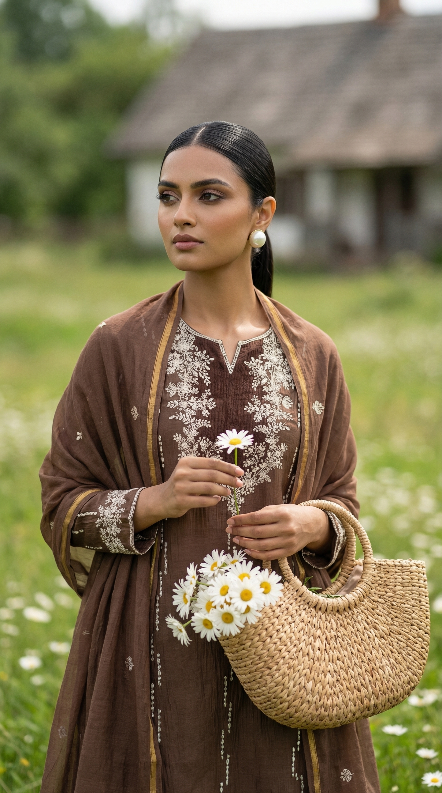 Mocha Brown Pitta Embroidery Mul Mul Suit Set