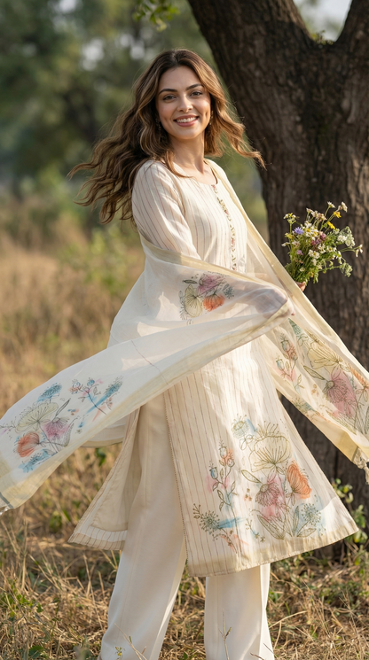 Resham Embroidery White Jute Cotton Stitched Suit Set