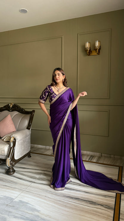 Deep Purple Satin Silk Saree With Blouse
