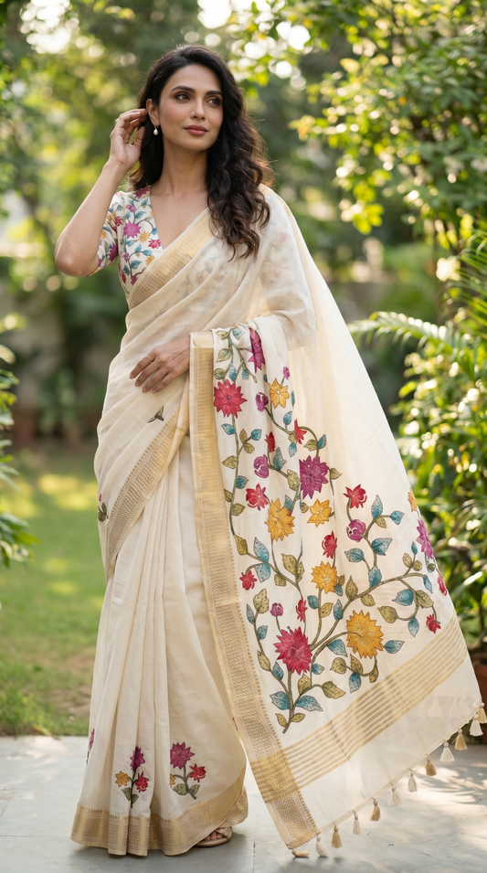 Ivory Tussar Silk Saree