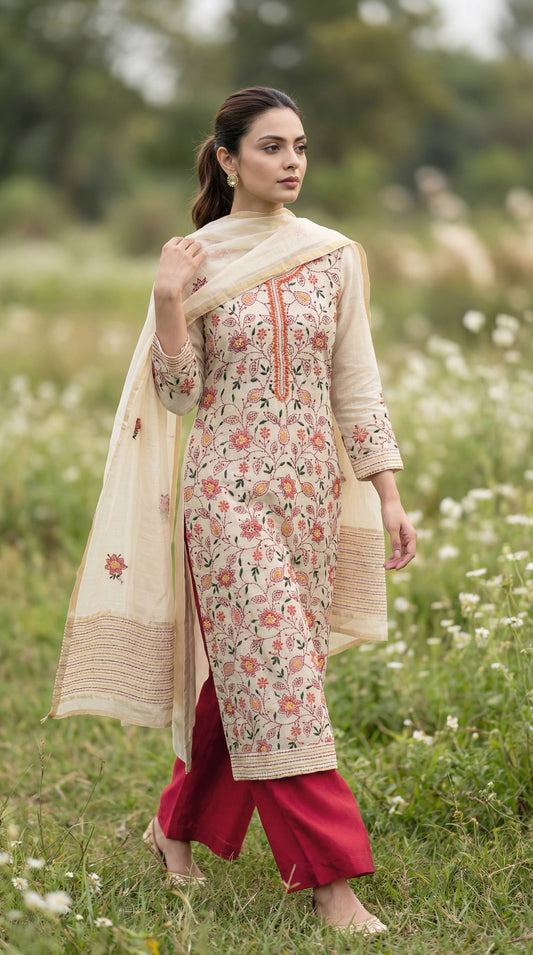 Resham Embroidery Beige & Orangish Red chanderi Stitched Suit Set