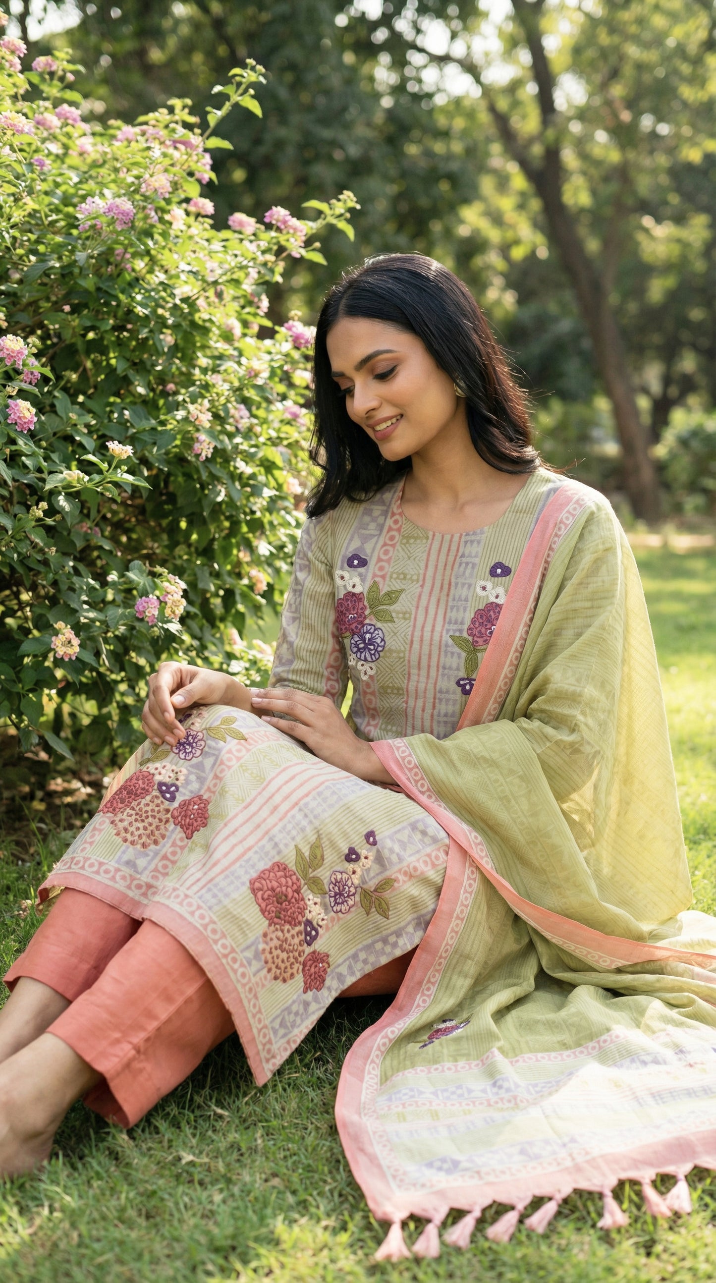Resham Embroidery Olive Green Jute Cotton Stitched Suit Set