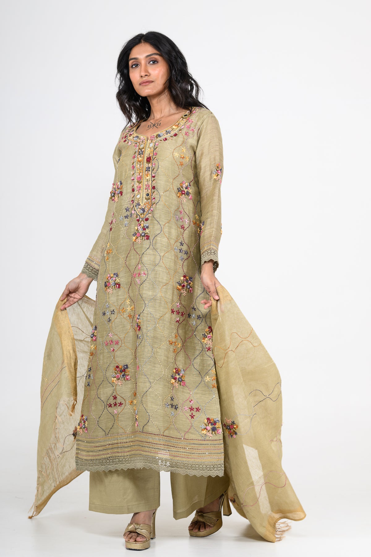 Sage Green Thread Embroidered Pure Linen Kurta Set & Dupatta