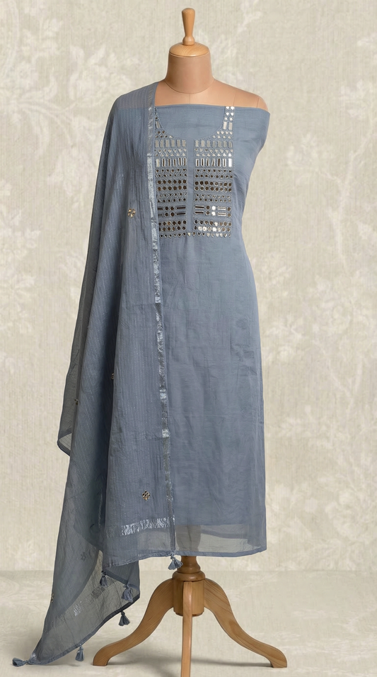 Powder Blue Mirror Embroidery Mul Mul Unstitched Suit Set