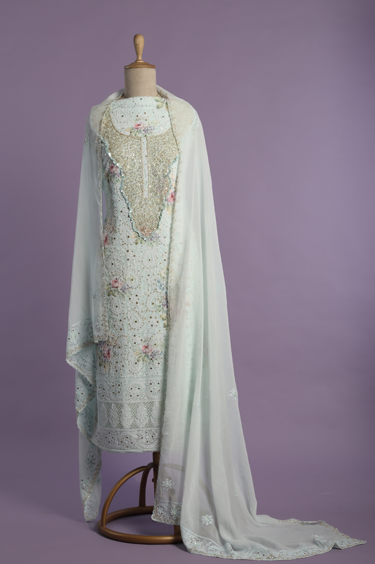 Floral Printed Georgette Chikankari Kurta Set with Zardozi Embroidery