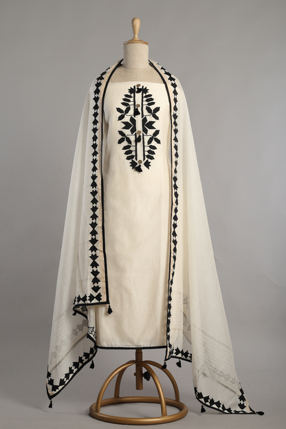 White & Black Soft Mul Kurta Set with Floral Applique Work