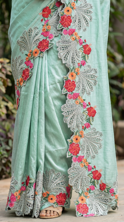 Raw Silk  light Seafoam Green Saree