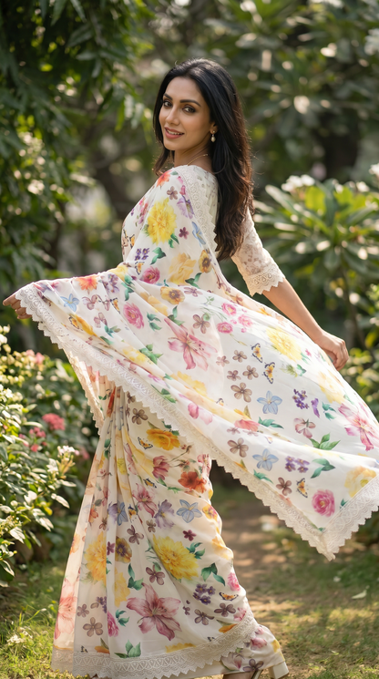 Ivory Georgette Saree