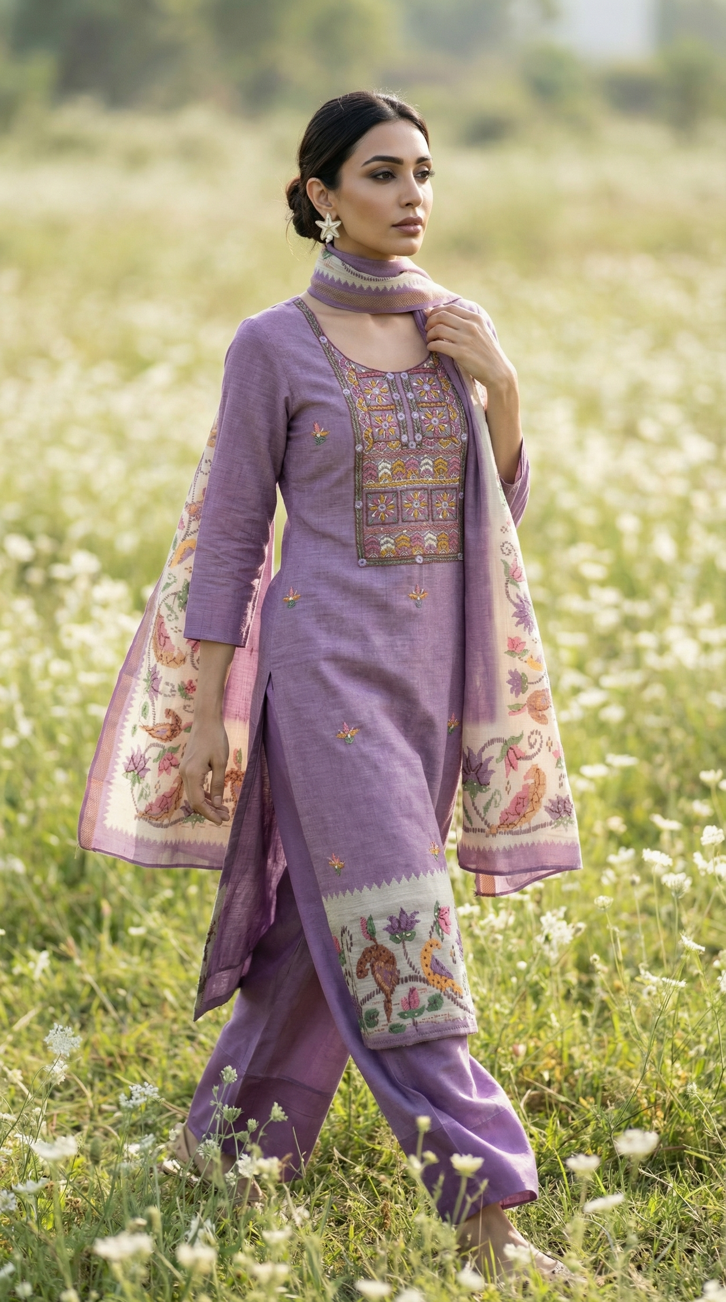 Resham Embroidery Lilac Chanderi Stitched Suit Set