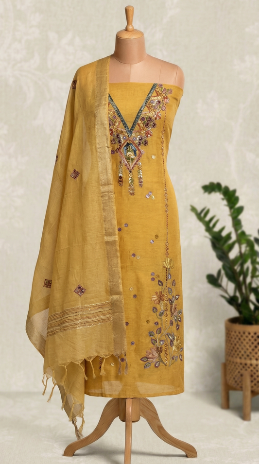Mustard Resham Embroidery Linen Unstitched Suit Set