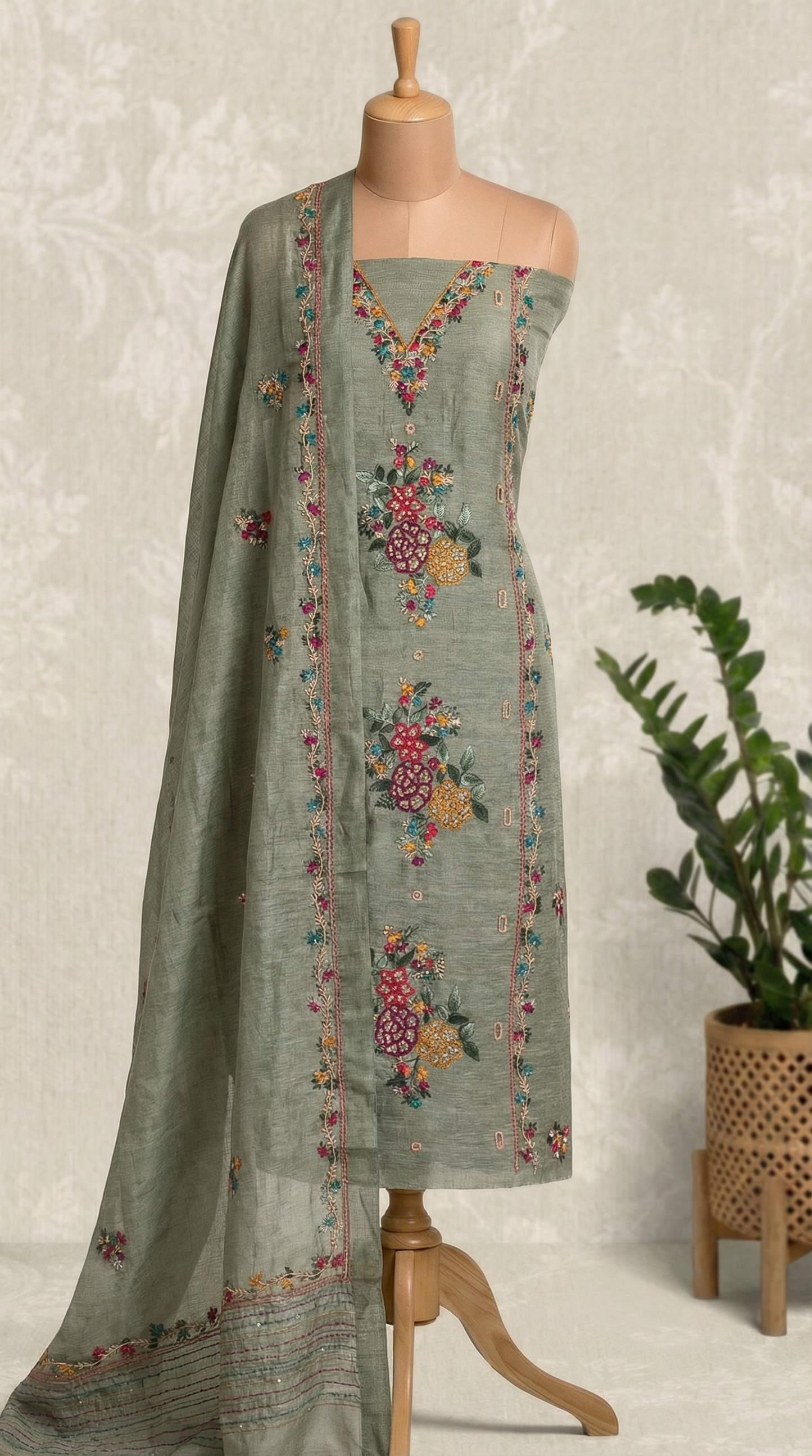 Sage Green Resham Embroidery Linen Unstitched Suit Set