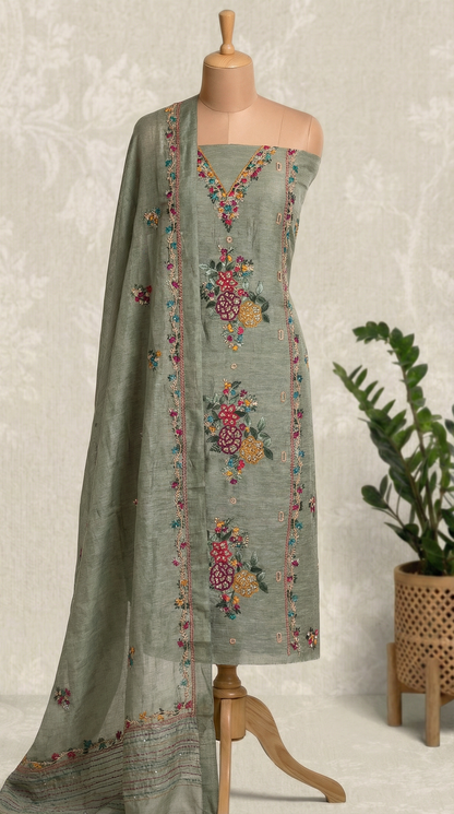Sage Green Resham Embroidery Linen Unstitched Suit Set