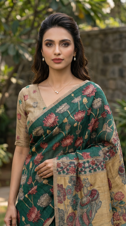Forest Green Kalamkari Saree