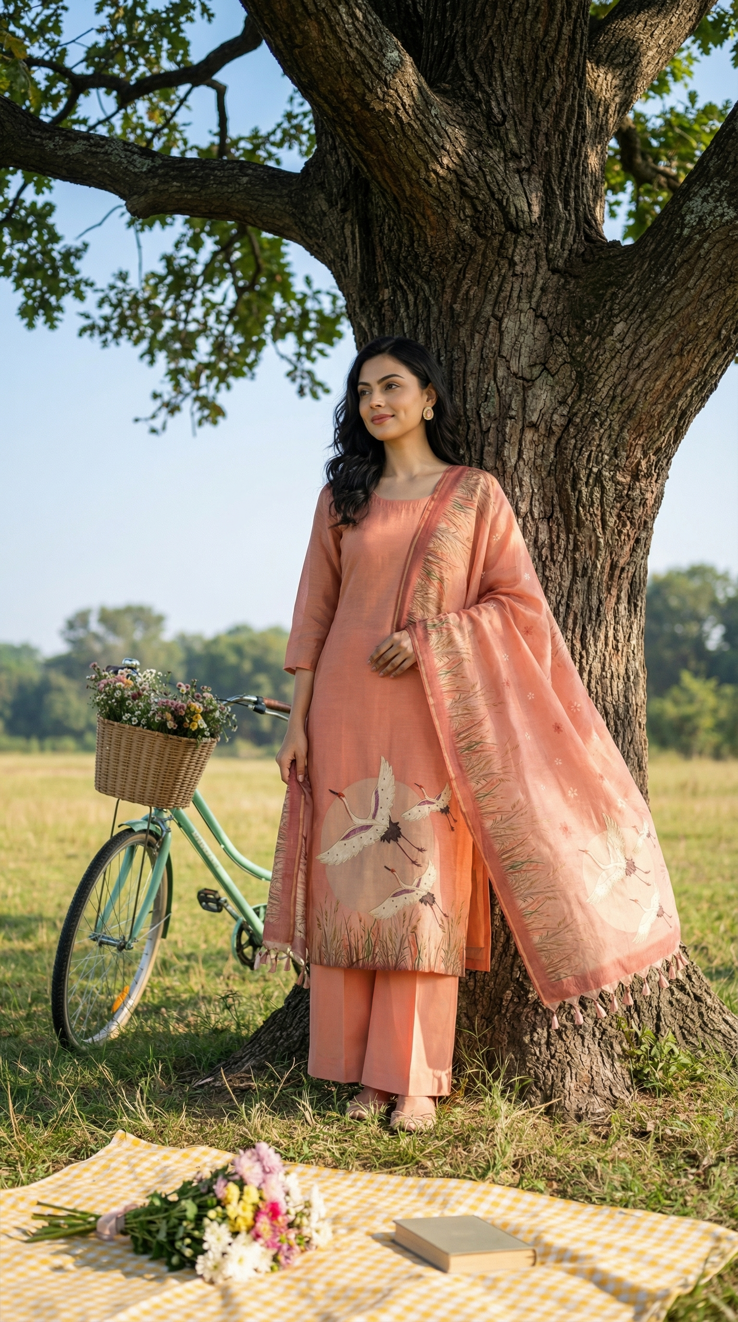 Peach Chanderi Stitched Suit Set