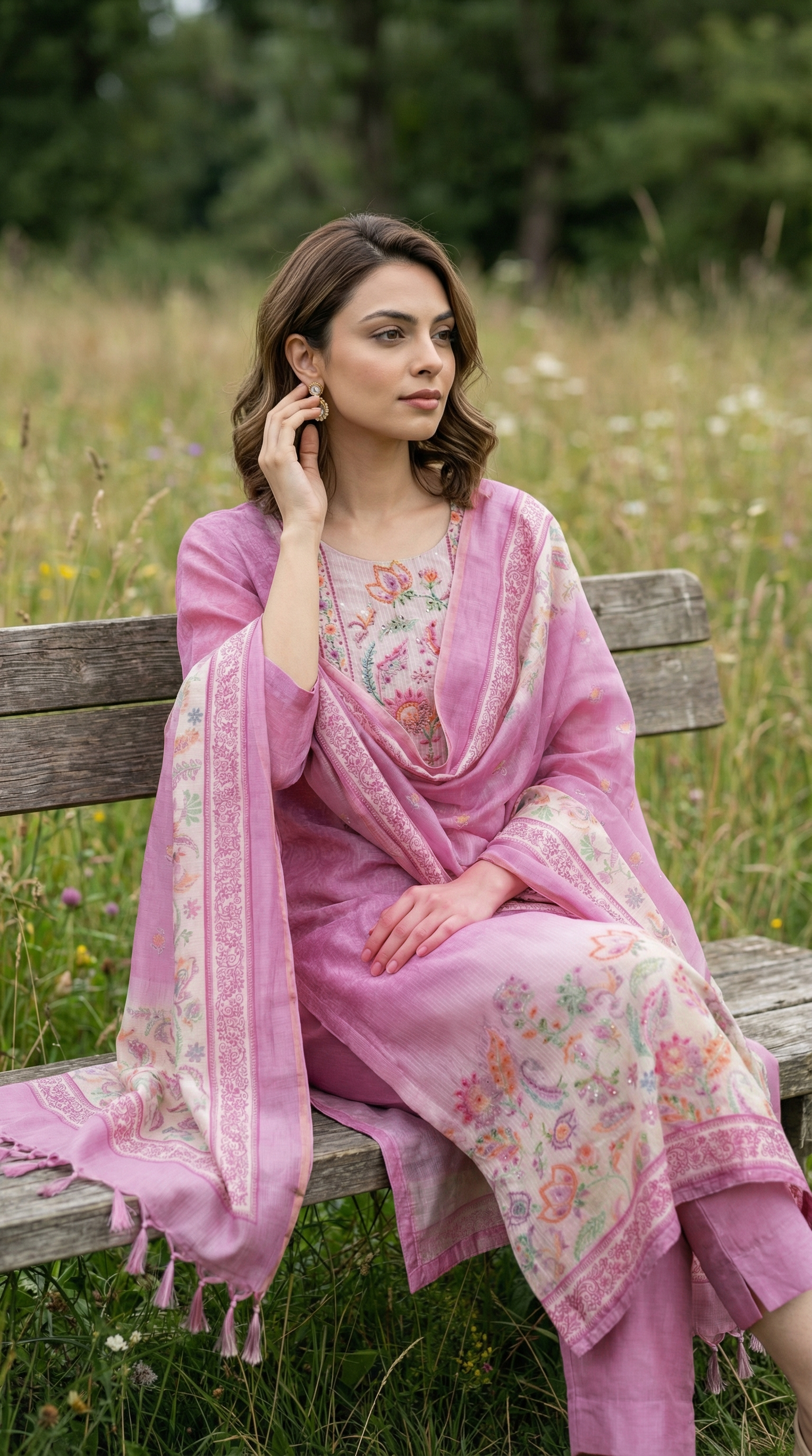 Resham Embroidery Electric Pink Kota Stitched Suit Set