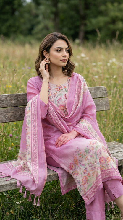 Resham Embroidery Electric Pink Kota Stitched Suit Set