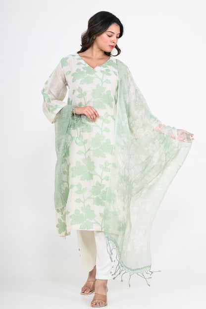Green Printed Pure Mulmul Kurta Set with Appliques