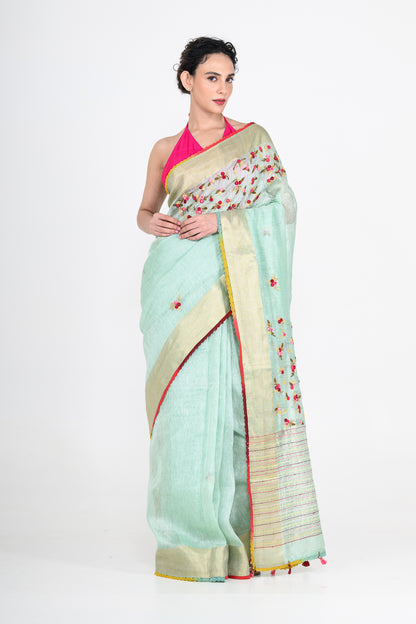 Light Green Pure Linen Saree with Thread Work