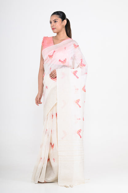 Parsi Embroidered White Pure Linen Saree