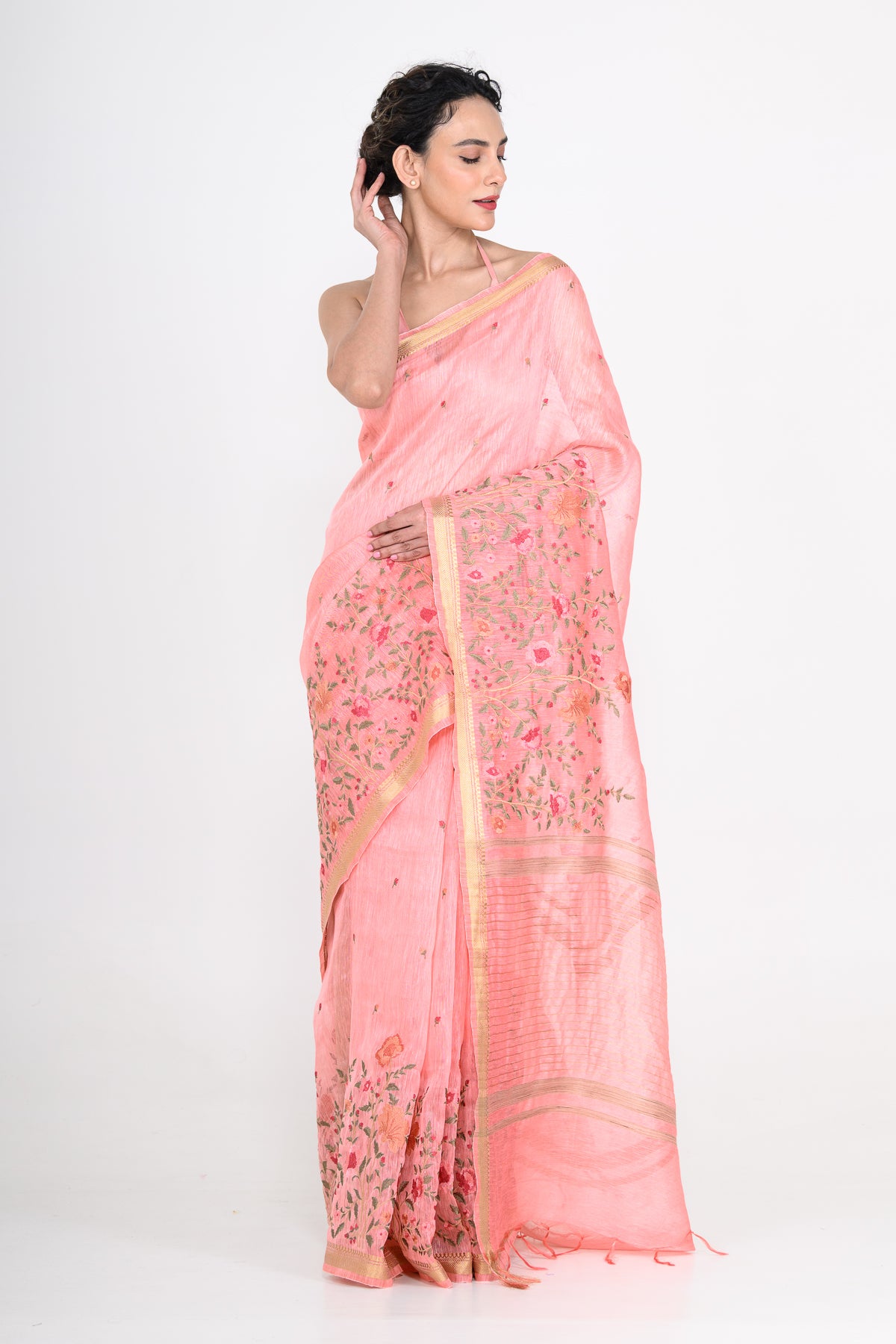 Parsi Embroidered Pink Pure Linen Saree