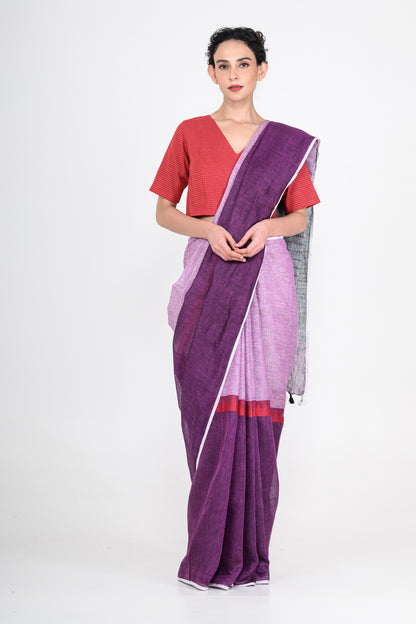 Purple Handwoven Striped Pure Linen Saree
