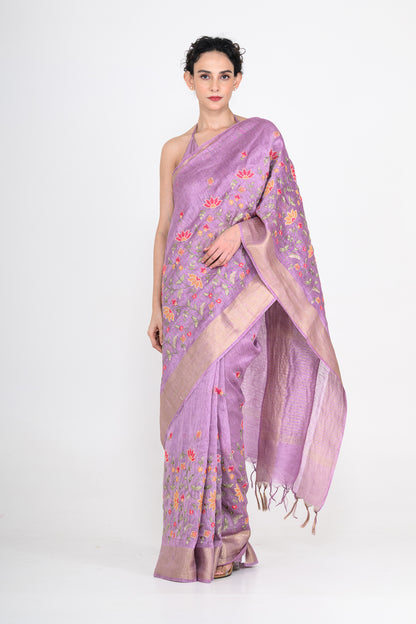 Parsi Embroidered Purple-Gold Pure Linen Saree