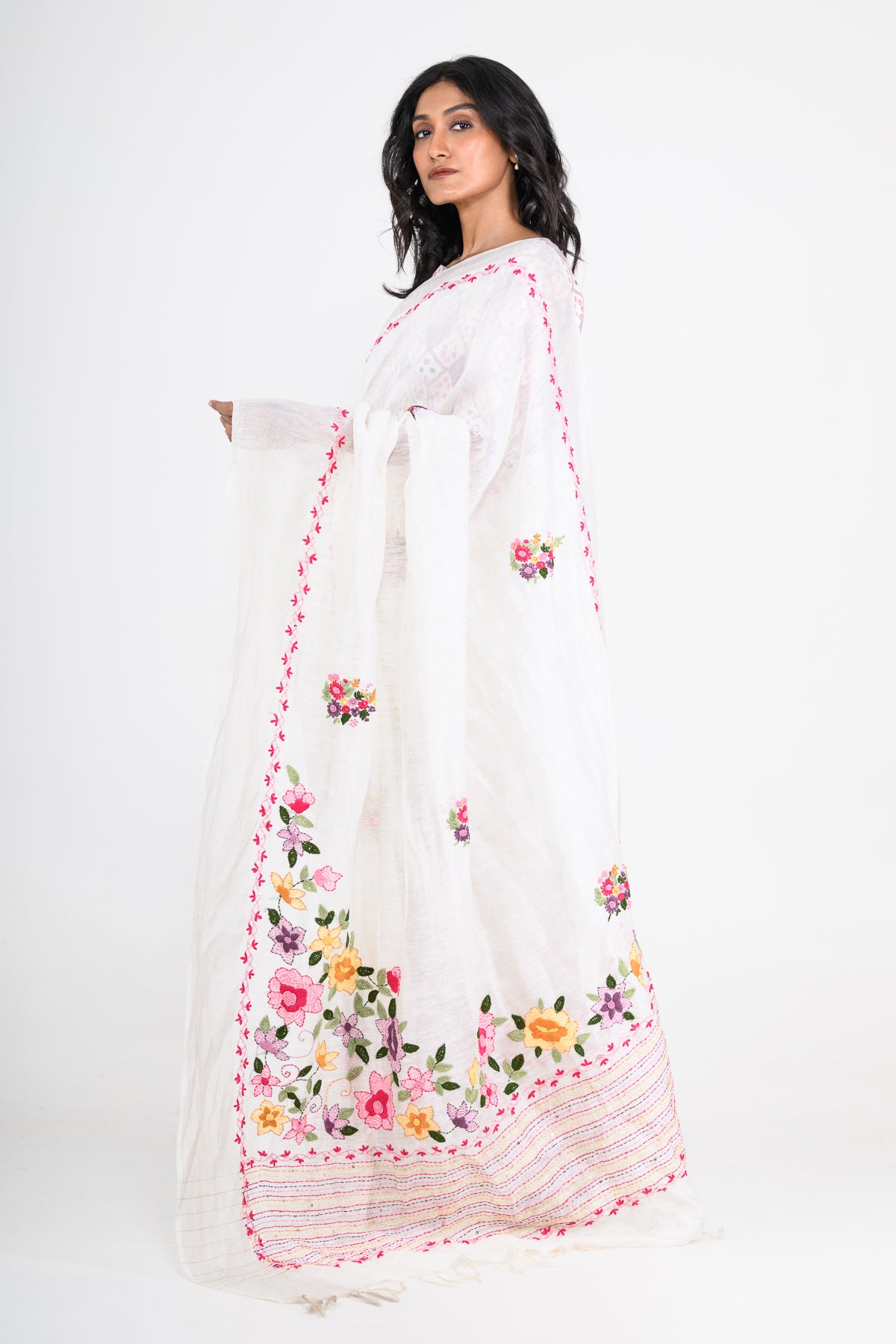 White Pure Linen Saree with Tikki & Thread Work