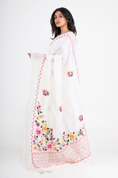 White Pure Linen Saree with Tikki & Thread Work