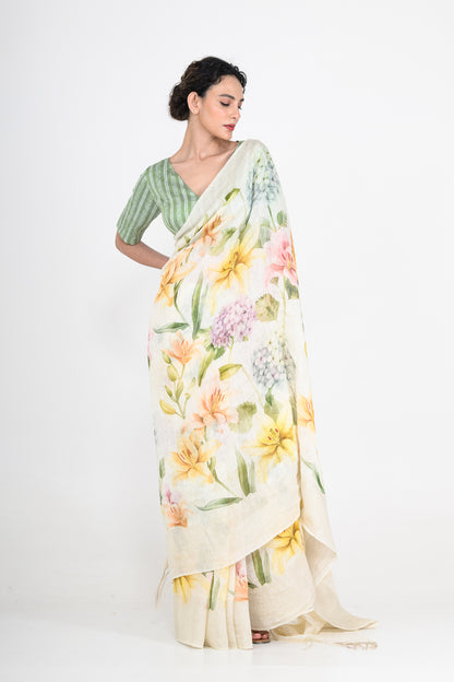 Floral Printed White Pure Linen Saree