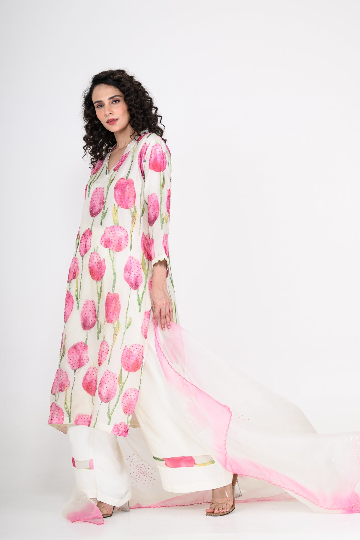 White & Pink Printed Organza Kurta Set with Hand Embroidery