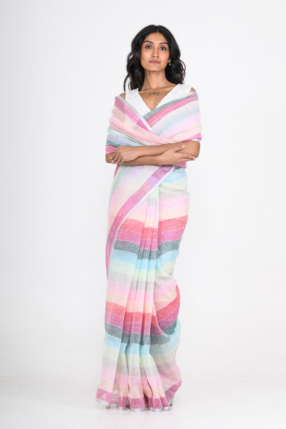 Multicolored Handwoven Striped Pure Linen Saree