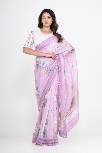 Lavender Purple Floral Printed Pure Linen Saree