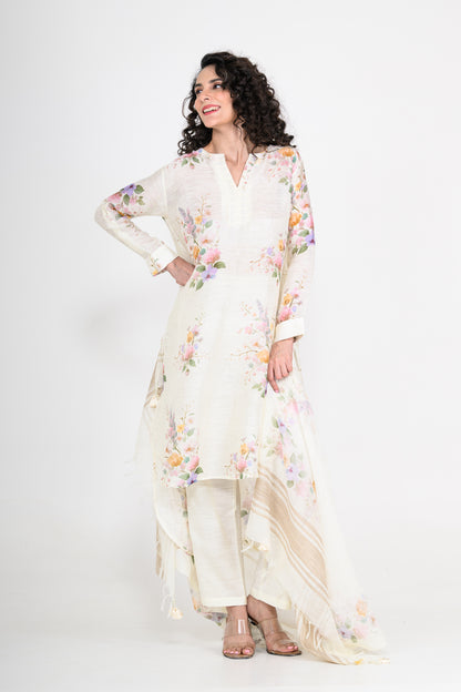 Pure Linen Off White Kurta Set with Dupatta