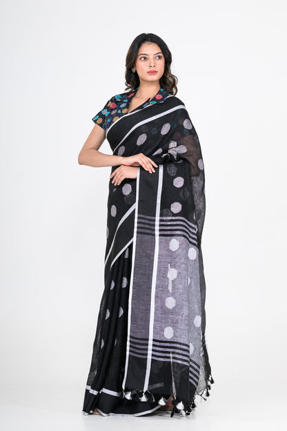 Black Pure Linen Polka Dot Handwoven Saree