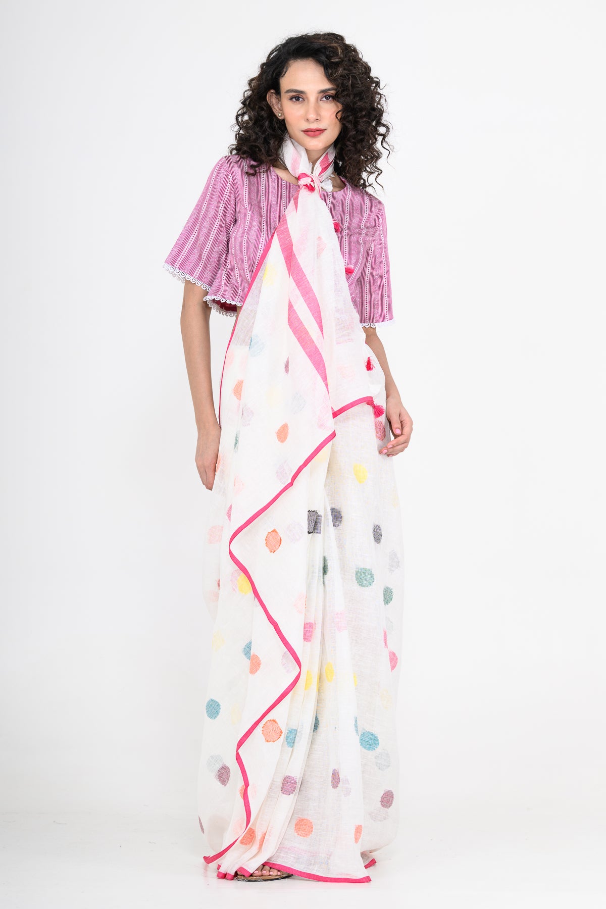 Off White Pure Linen Polka Dot Handwoven Saree