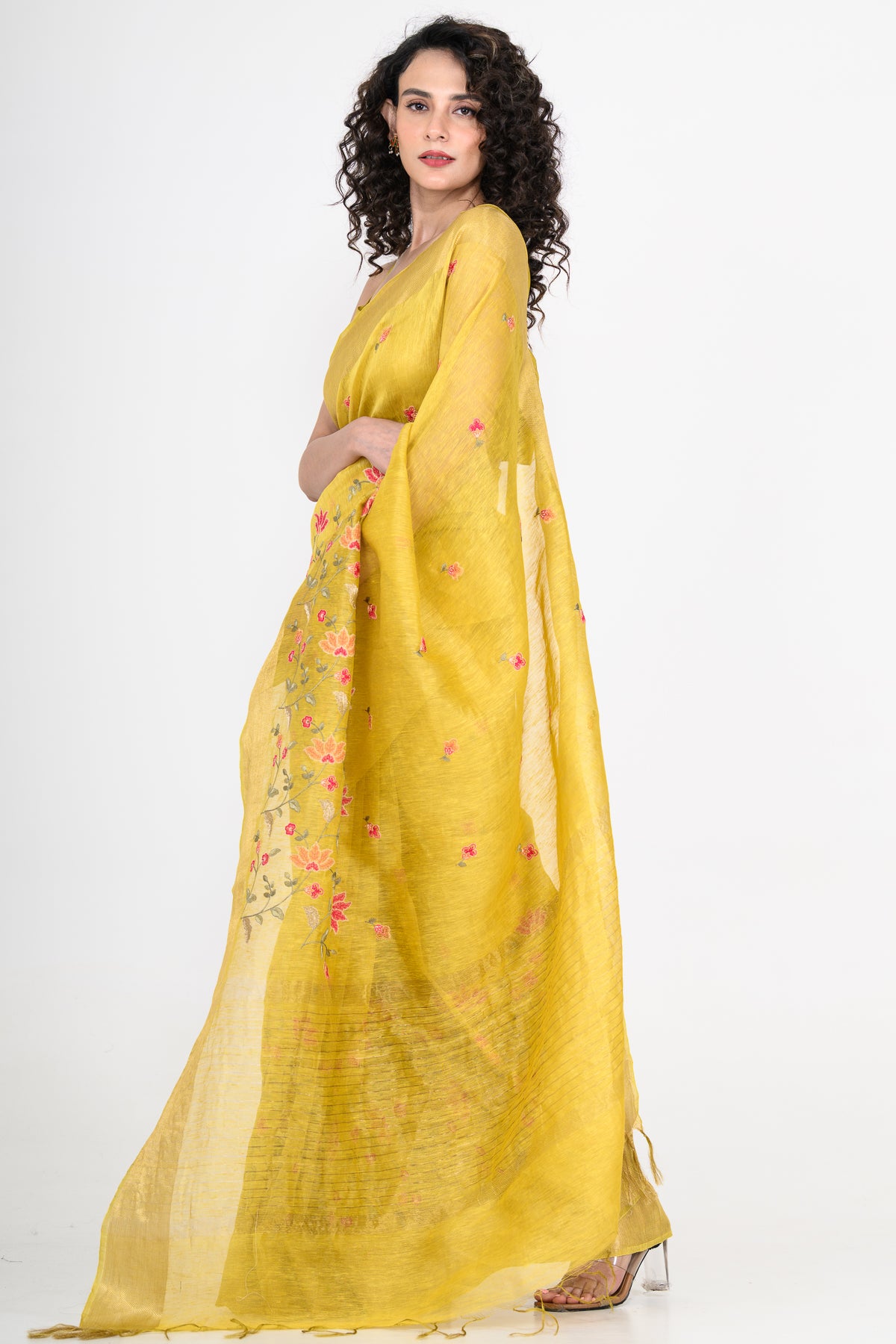 Sunshine Yellow Parsi Embroidered Pure Linen Saree