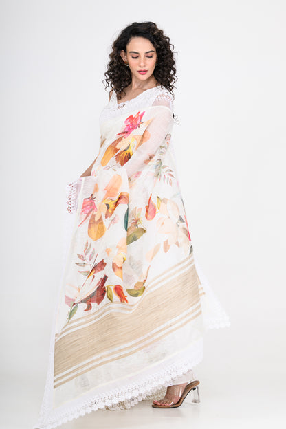 Graceful Off White Floral Printed Pure Linen Saree