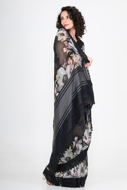 Floral Printed Pure Linen Black Saree
