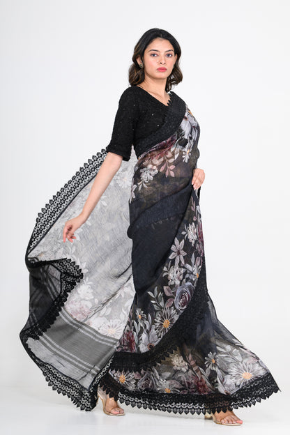 Floral Printed Pure Linen Black Saree with Lace Work