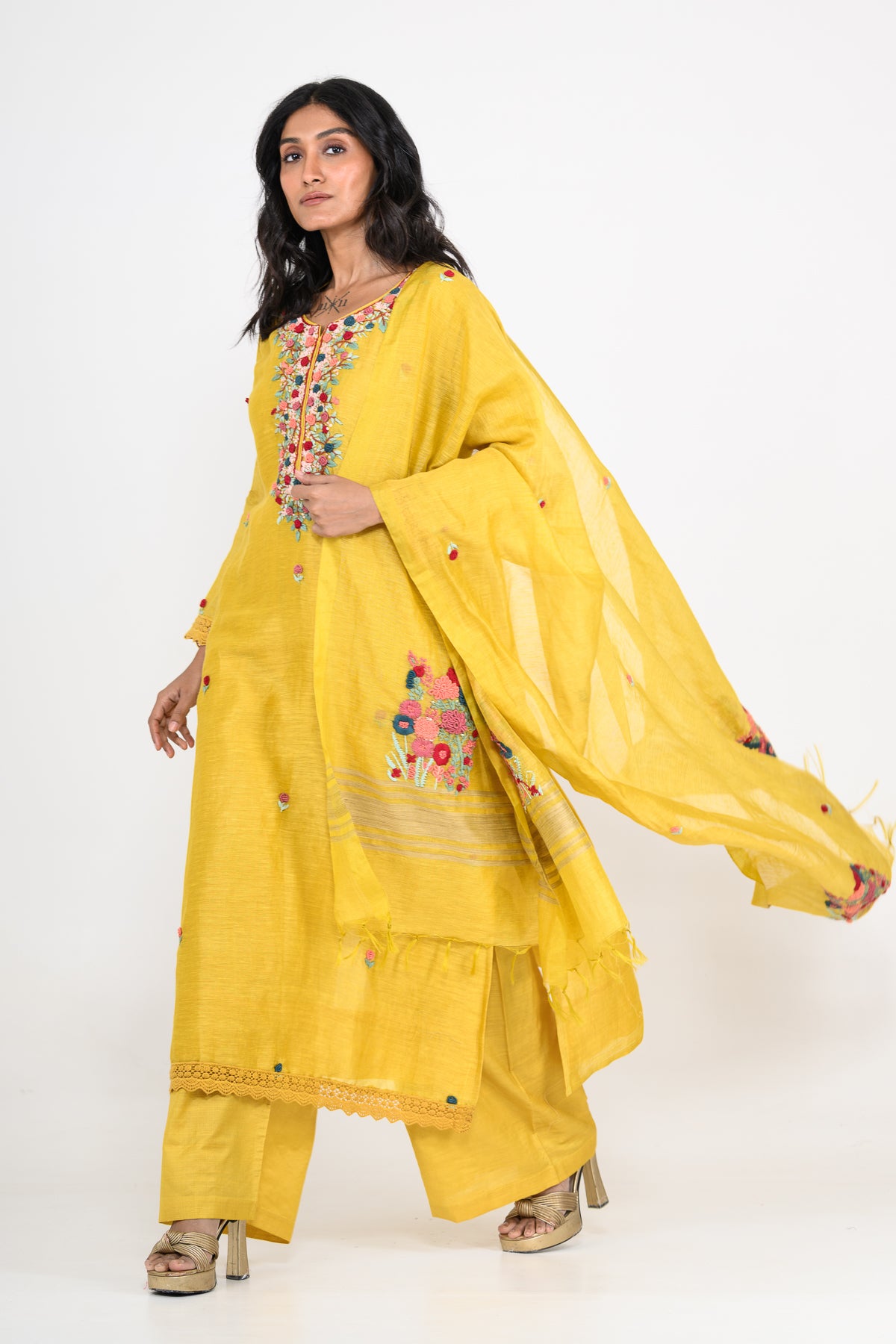 Pure Linen Mustard Yellow Kurta Set & Dupatta with Thread Work