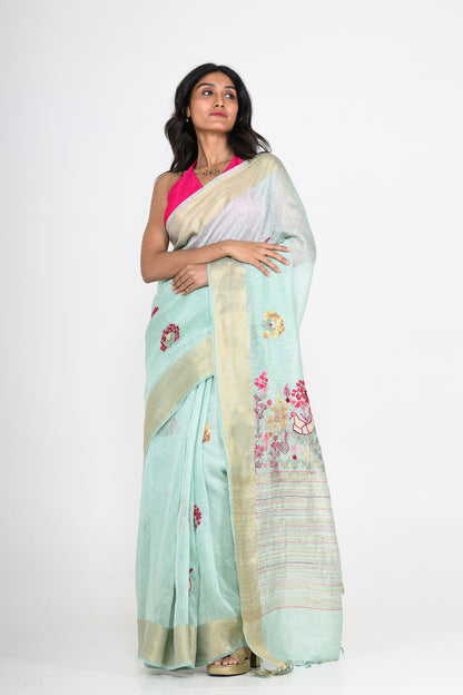 Light Green Pure Linen Saree with Tikki & Thread Work
