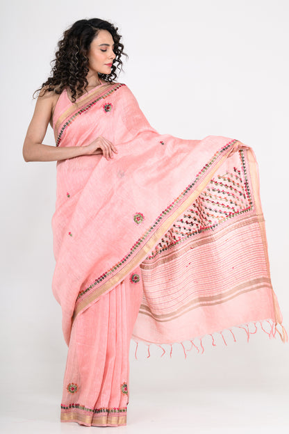 Dusty Pink Pure Linen Saree with Katha & Tikki Work